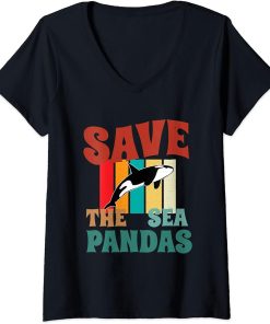 Womens Retro Vintage Style - Save The Sea Pandas - I Love Orca V-Neck T-Shirt