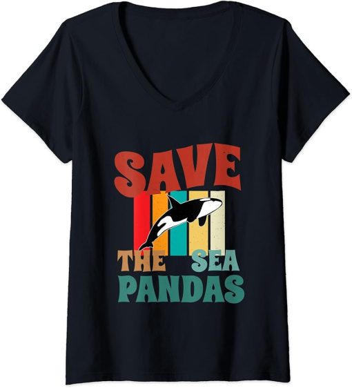 Womens Retro Vintage Style - Save The Sea Pandas - I Love Orca V-Neck T-Shirt